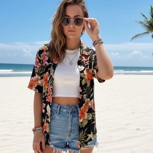 Vintage Alfred Dunner Floral Button Up Shirt Tropical Black Beach Women sz 18 XL